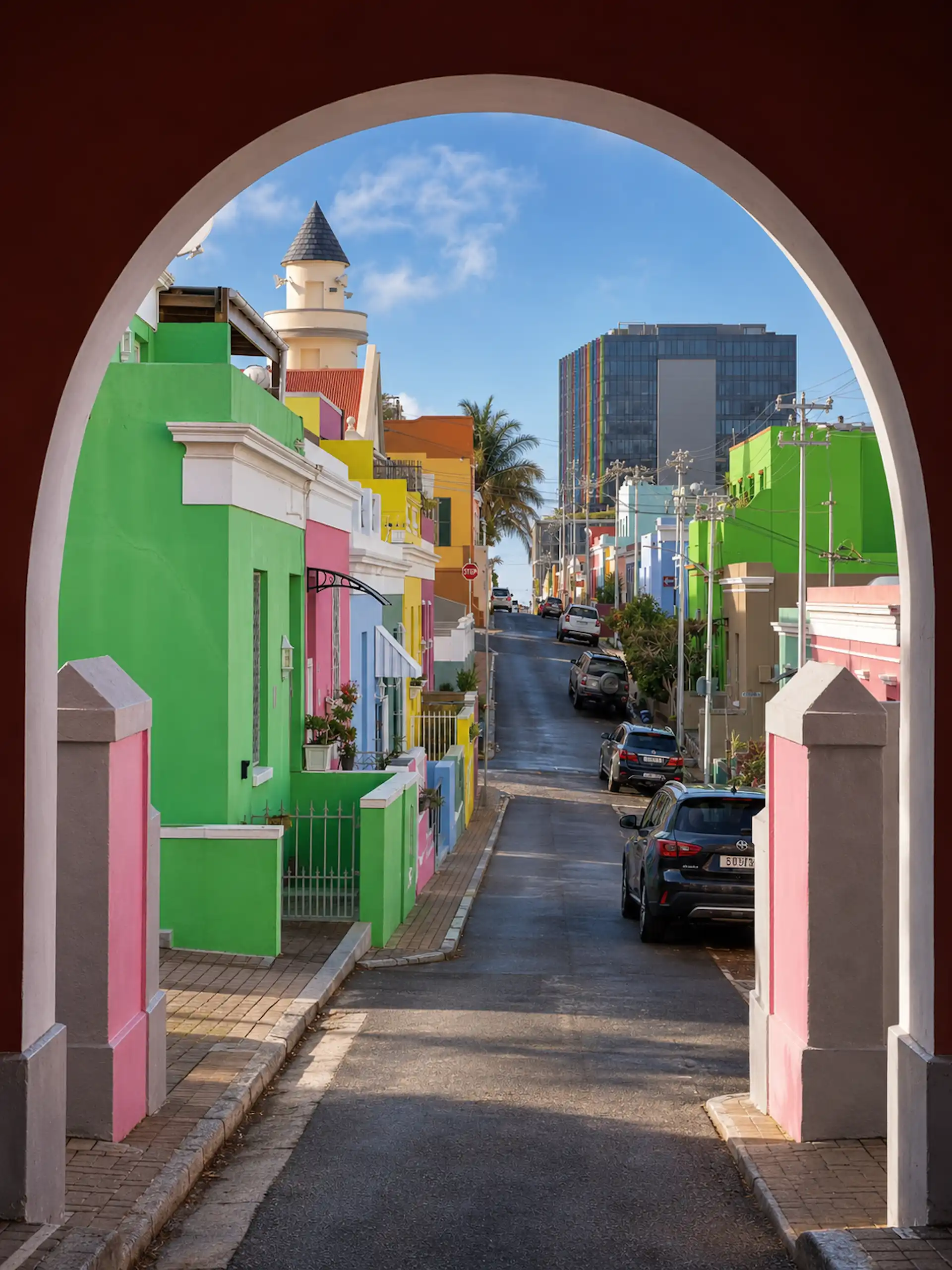 Africa, Bo Kapp, Colorful Street Beneath a Red Arch