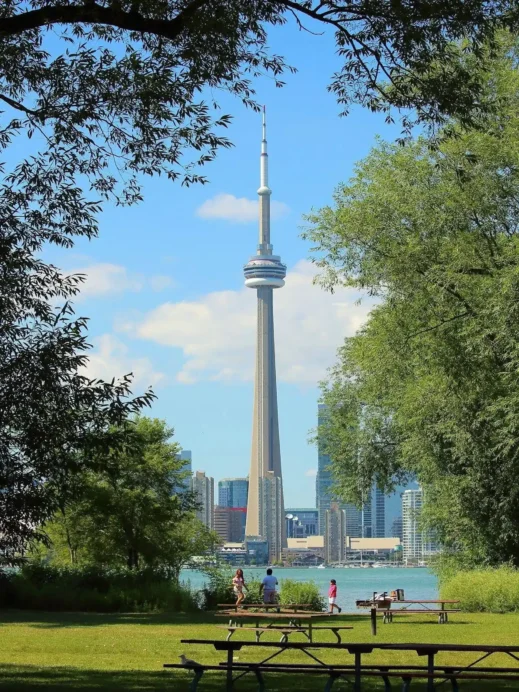 The Toronto skyline at sunset, a vibrant cityscape that reflects the diversity of Canadian travel.