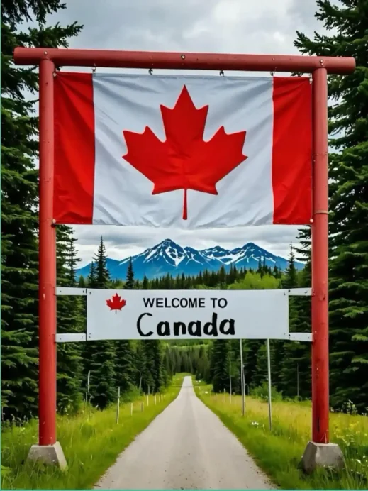 A roadside “Welcome to Canada” sign symbolizing cross-border connections and Canadian travel experiences.