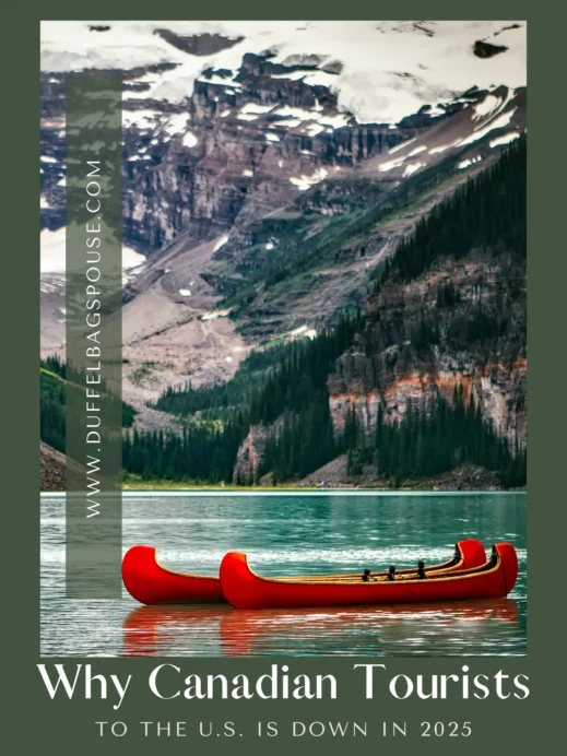 Two red canoes float on a turquoise lake with snow-capped mountains in the background—symbolizing the natural beauty of Canadian travel and reflecting on why fewer Canadian tourists are visiting the U.S. in 2025.