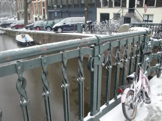 bike, snow, canal bridge, Amsterdam