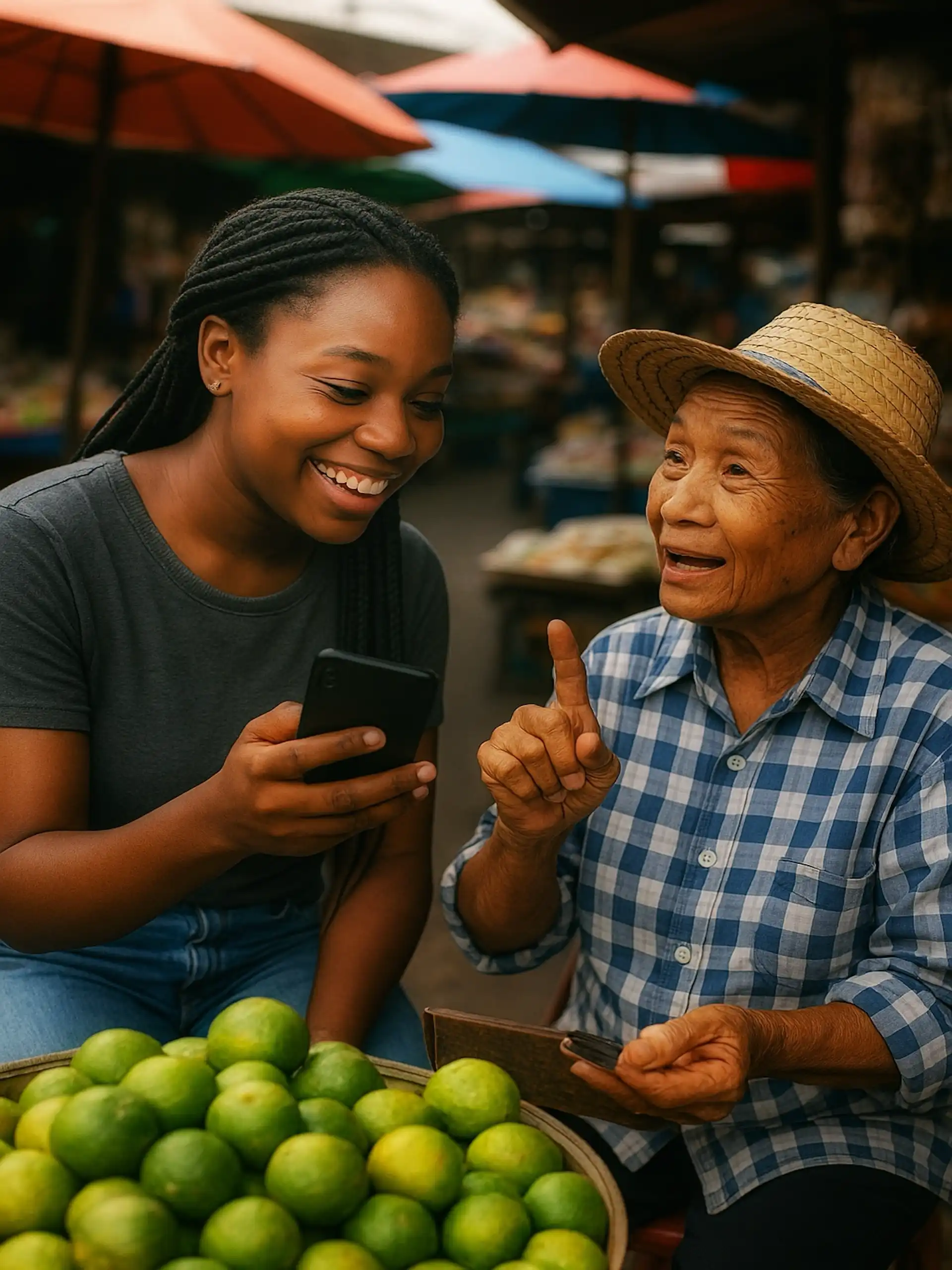 Black girl, translation, phone, communicate local