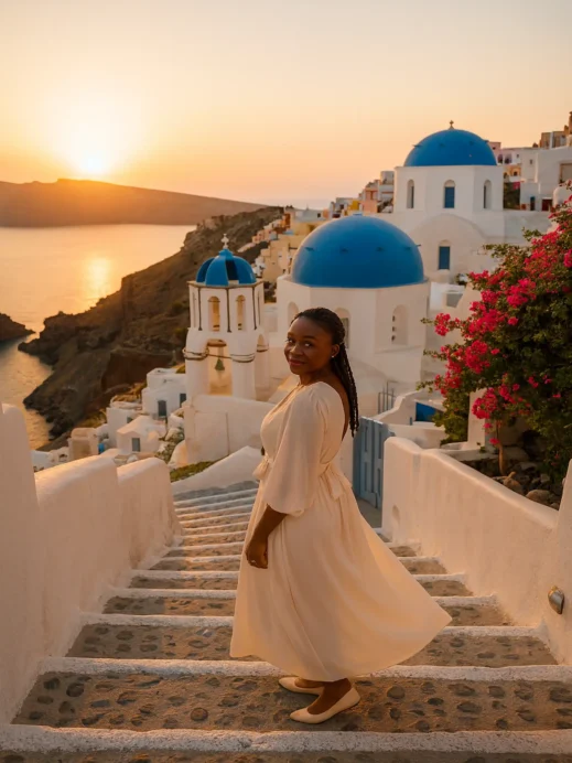 Black woman Santorini, sunset, whitewashed, blue domes