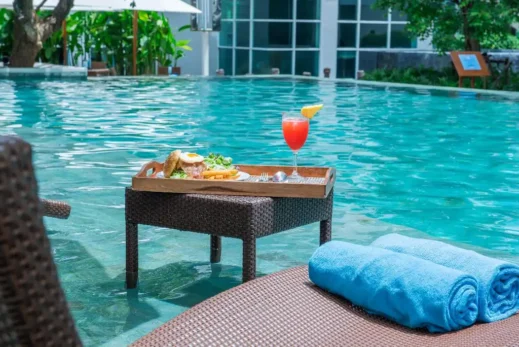 Fishermens Harbour Urban Resort pool breakfast, Phuket, Thailand