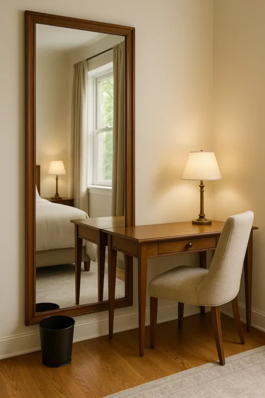 Hosting House Guests, desk, chair, table lamp, floor mirror, Ai image