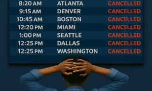flight delay, frustration, govt shutdown, flight departure board