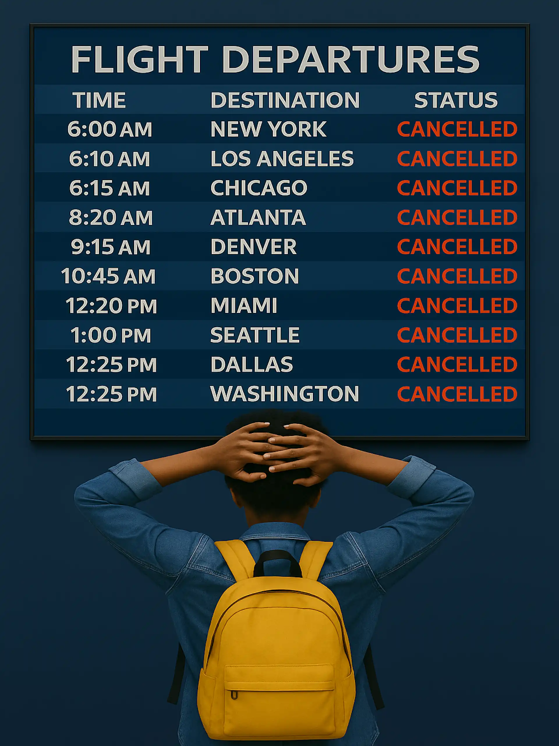 flight delay, frustration, govt shutdown, flight departure board