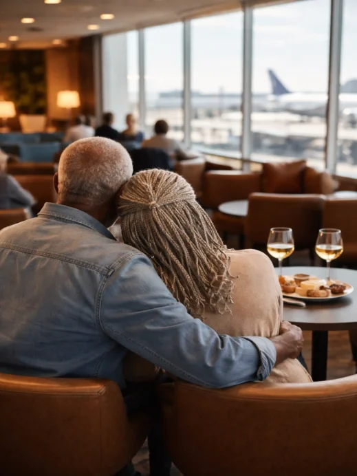 black couple, airport lounge, drinks