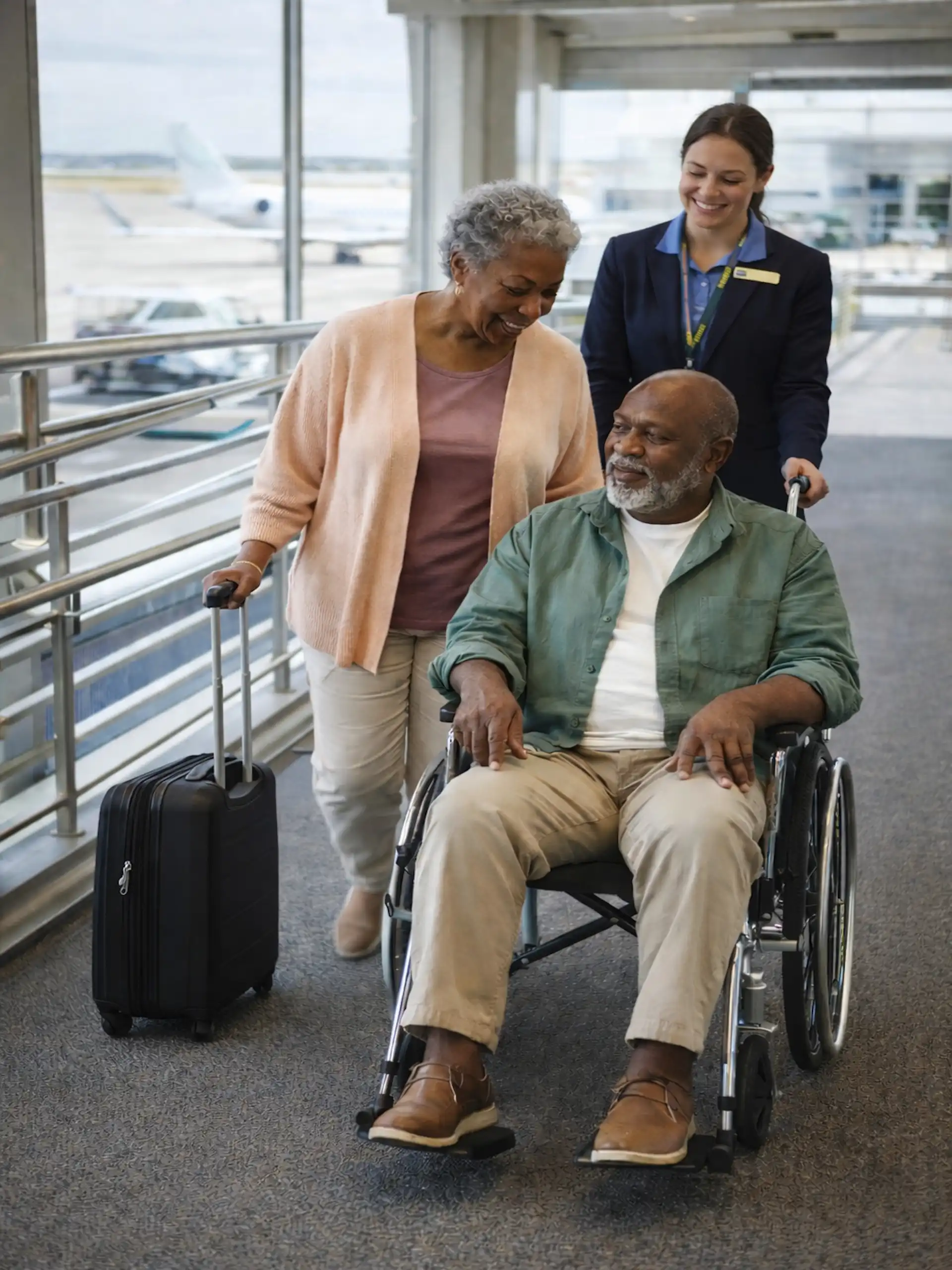 wheelchair assistance, elderly couple, airport, TSA