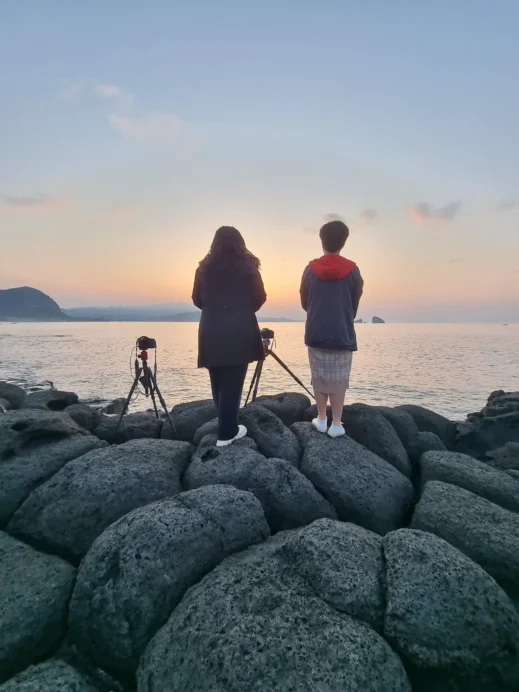 Jeju Photo Stacey and Angela rocks sunrise