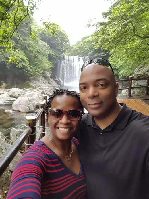 Stacey Steven waterfall Jeju Island