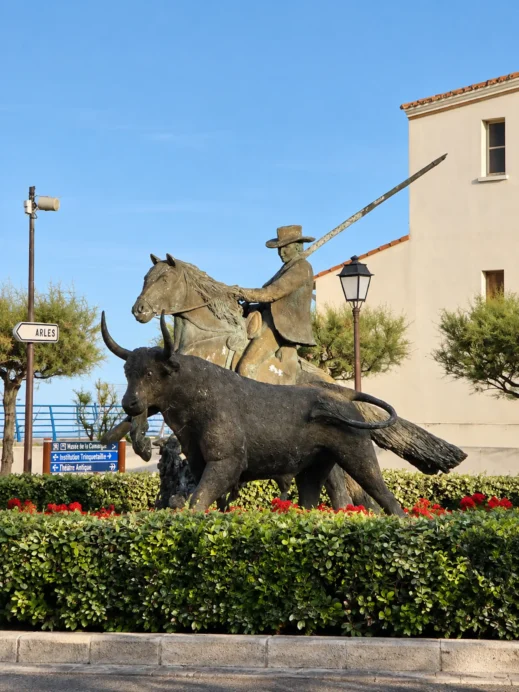 Arles Roundabout_ Rider, Horse, and Bull Monument