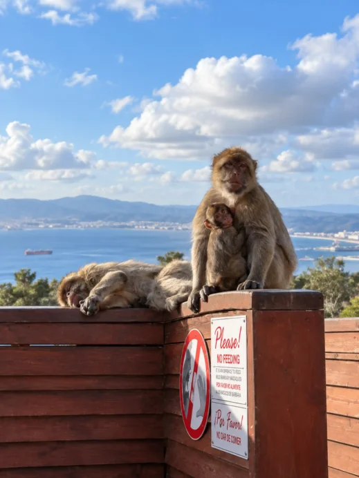Barbary macaque family in a wooden enclosure
