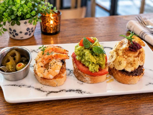 Gangneung, Longbread, Bruschetta Trio with Pickled Garnishes
