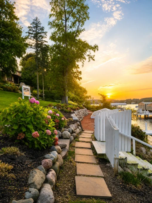 Geneva Lake, flowers at sunset