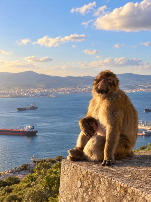 Macaque family above Gibraltar harbor
