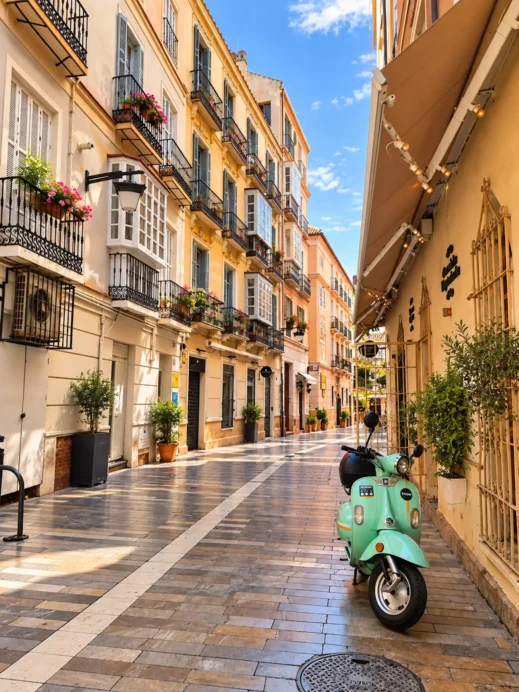 Malaga, Alley with Mint Scooter, balcones de forja