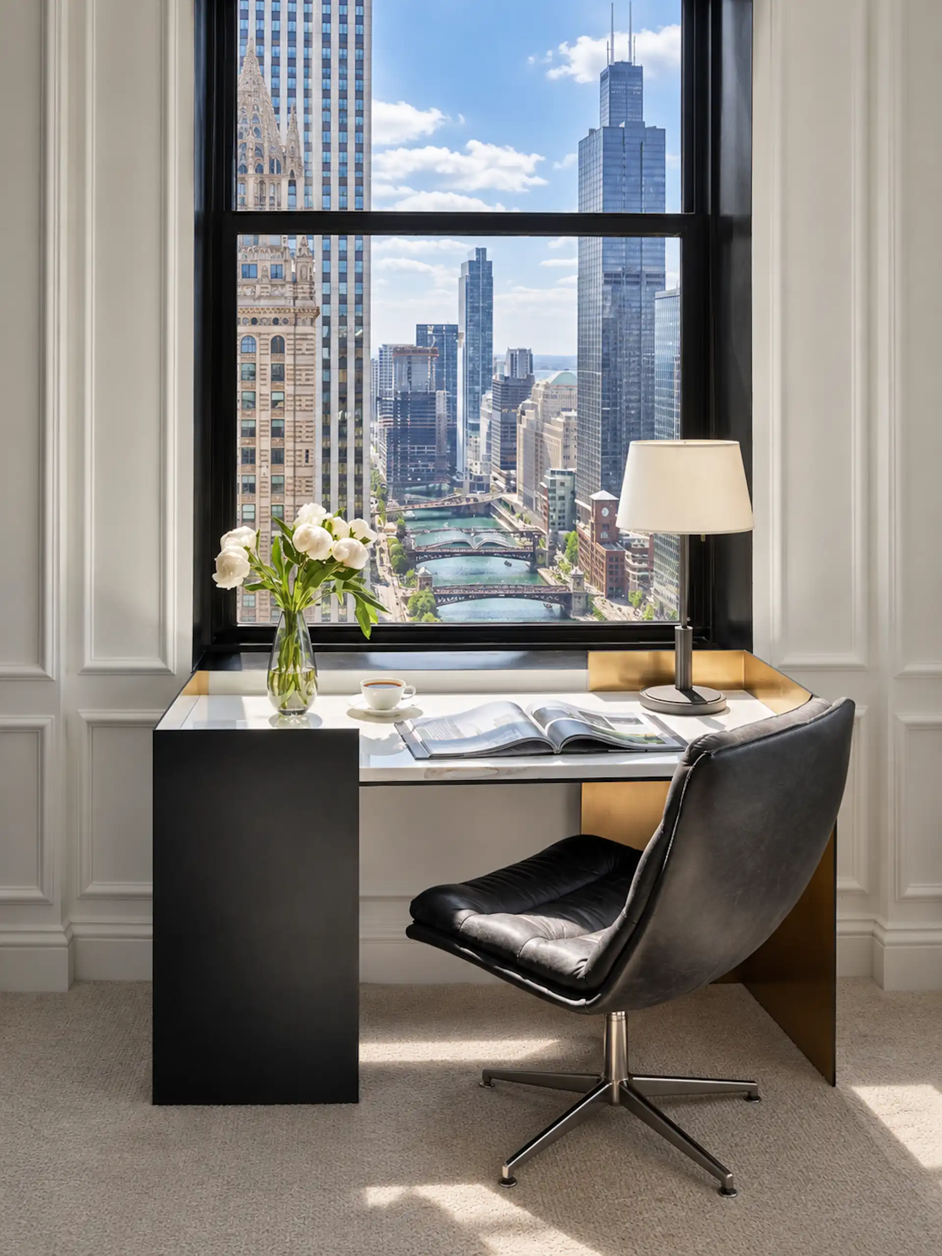 Pendry, desk, Chicago Skyline