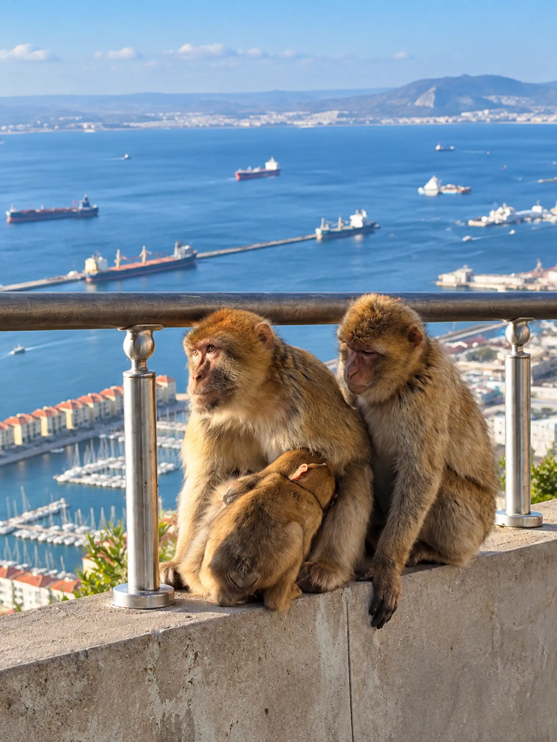 Three Barbary macaques above Gibraltar harbor