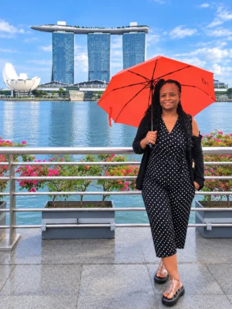 Singapore, Stacey, red umbrella, Marina Bay