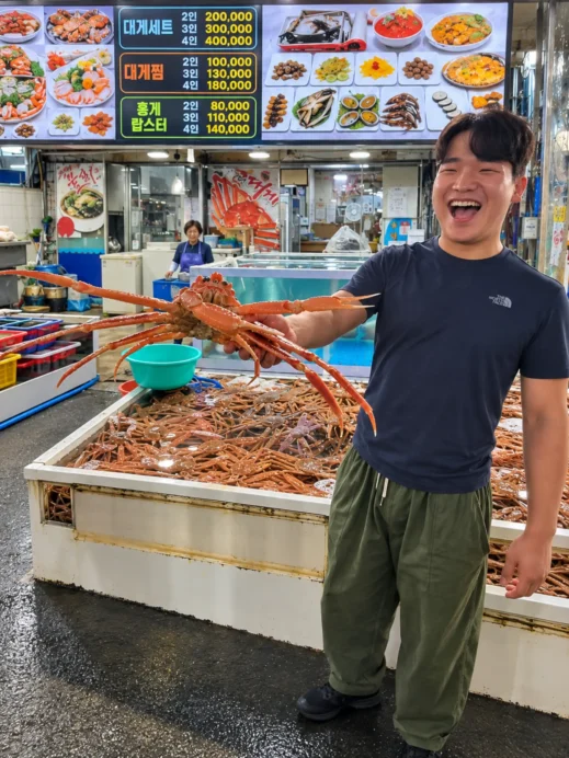 Stacey, Pohang, seafood market, crab stall