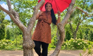 Stacey, red umbrella, tree, Suseong cafe park
